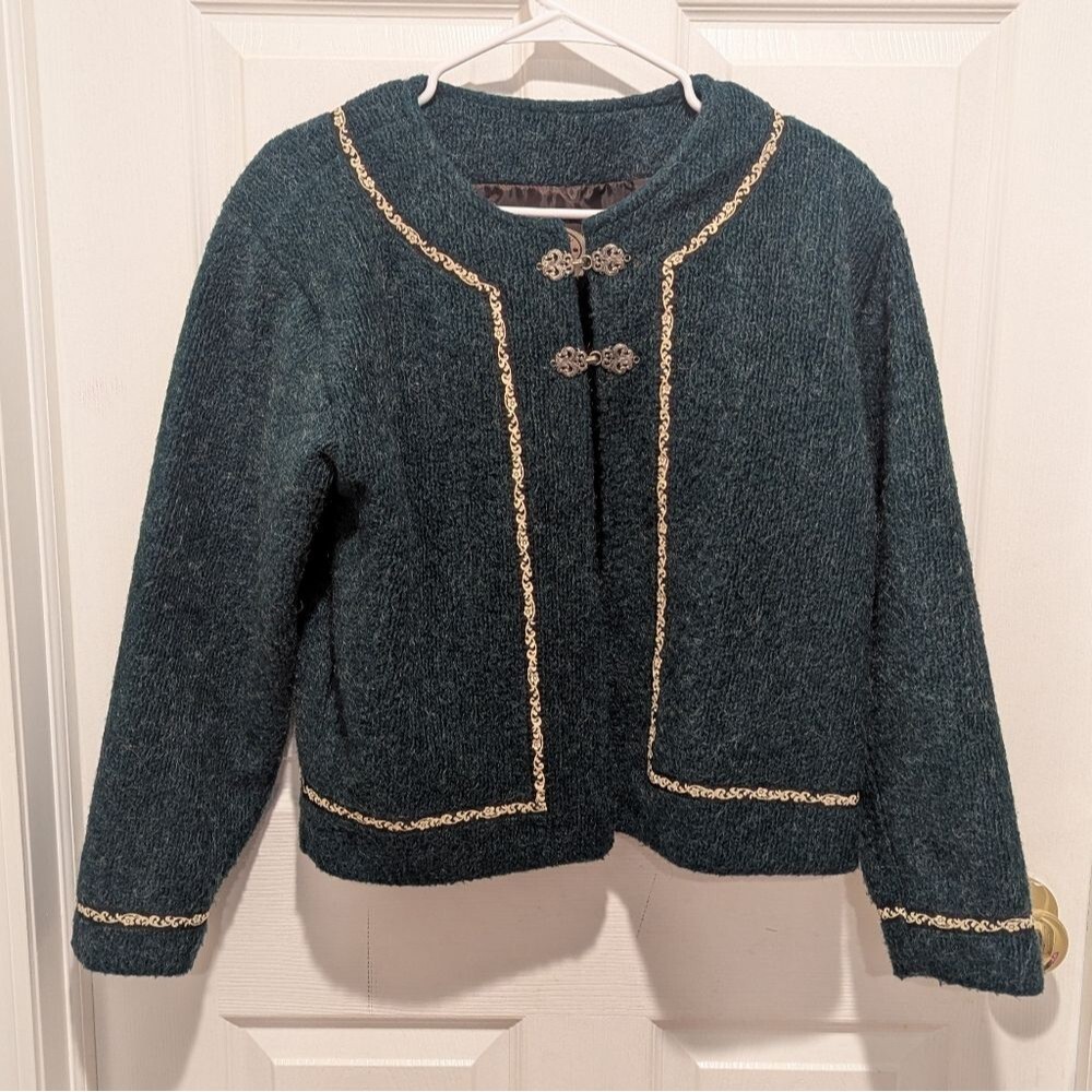 Boho Nordic Lagenlook Vintage Teal Mohair Blend Filigree Clasp Cardigan  M‎